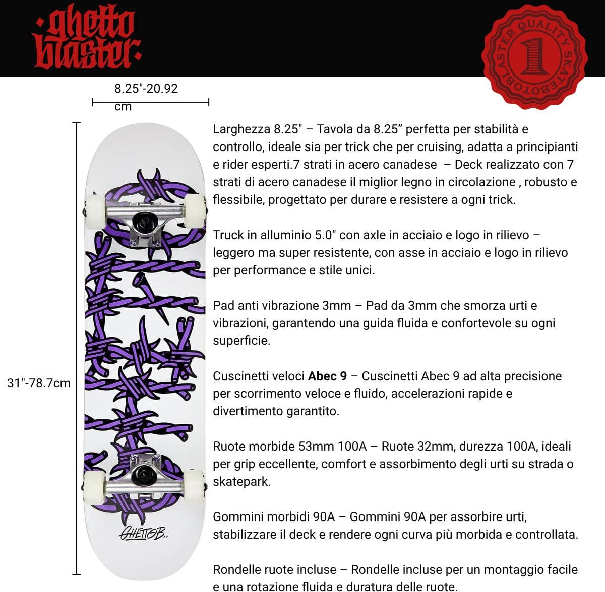 Skateboard Ghettoblaster per iniziare Barded Wire Pou 8.25"