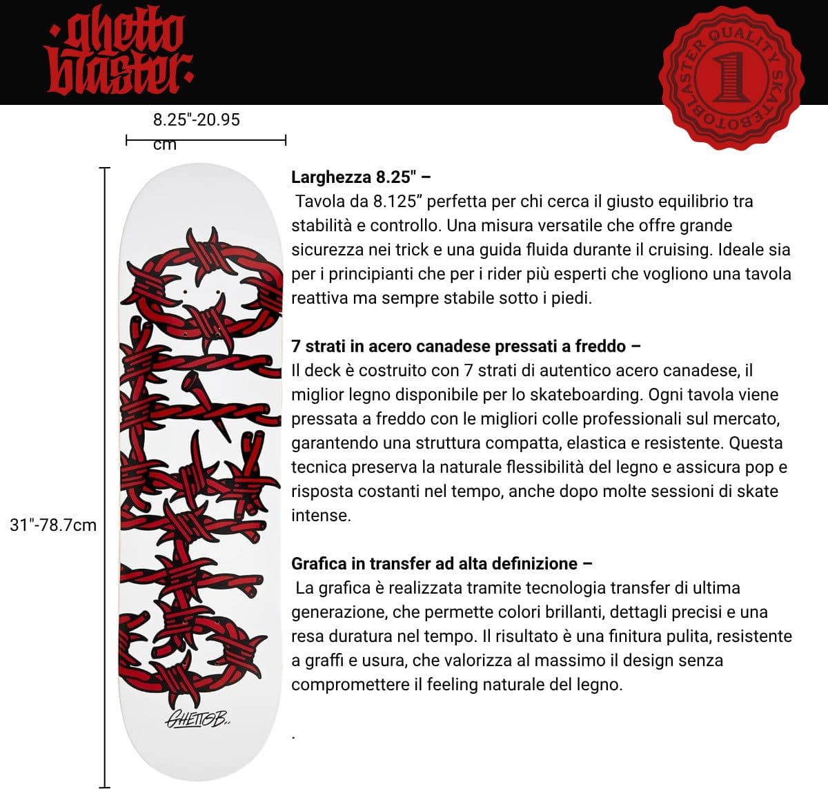 Tavola Skateboard  Deck Ghettoblaster Pregripped Barded Wire Red 8.25" in Skateboard Glad Store - Genova, commercioVirtuoso.it