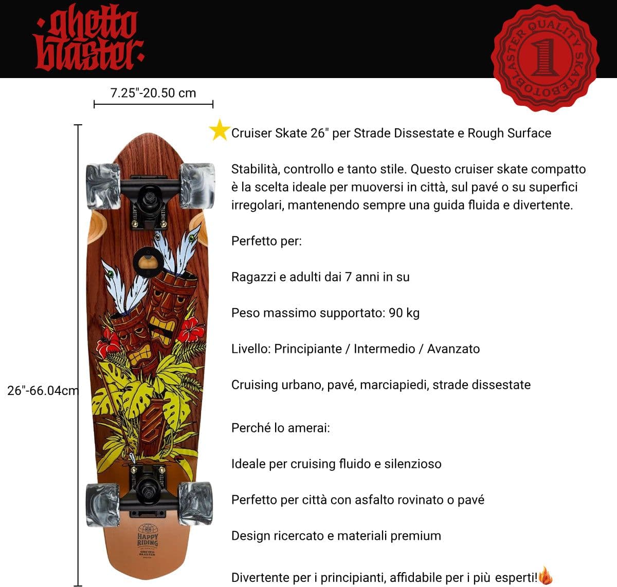 Skateboard Cruiser Ghettoblaster  Mogano Tki Totem 26" -7,25" in Skateboard Glad Store - Genova, commercioVirtuoso.it