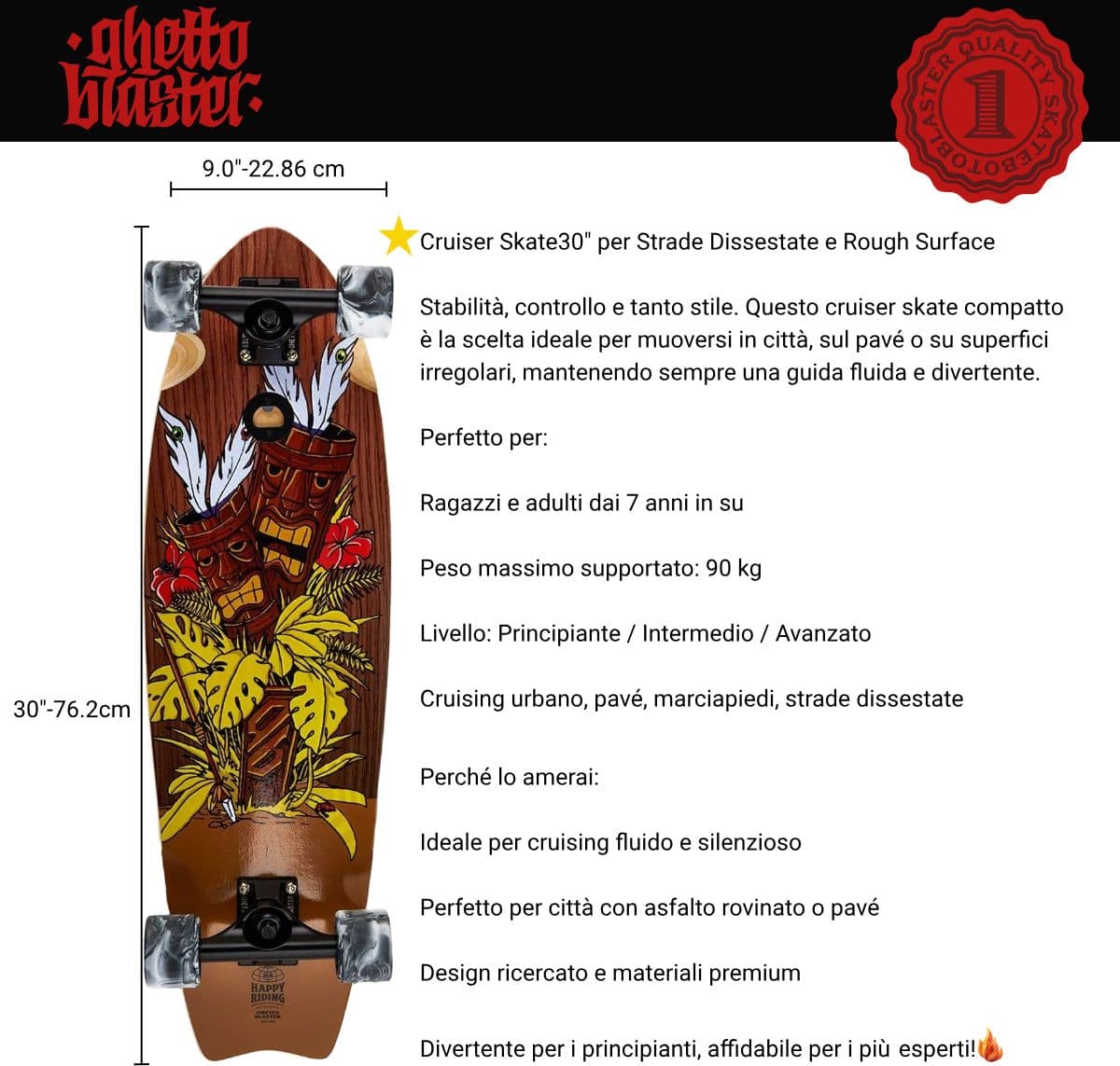 Skateboard Cruiser Ghettoblaster  Mogano Tki Totem Fish Tail  30" -9" in Skateboard Glad Store - Genova, commercioVirtuoso.it