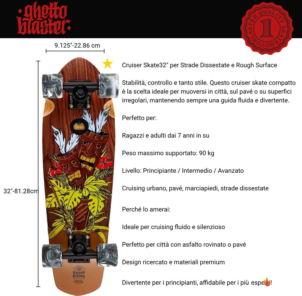 Skateboard Cruiser Ghettoblaster  Mogano Tki Totem 32" -9,25" in Skateboard Glad Store - Genova, commercioVirtuoso.it