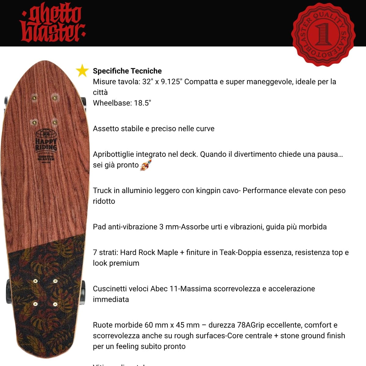 Skateboard Cruiser Ghettoblaster  Mogano Tki Totem 32" -9,25" in Skateboard Glad Store - Genova, commercioVirtuoso.it