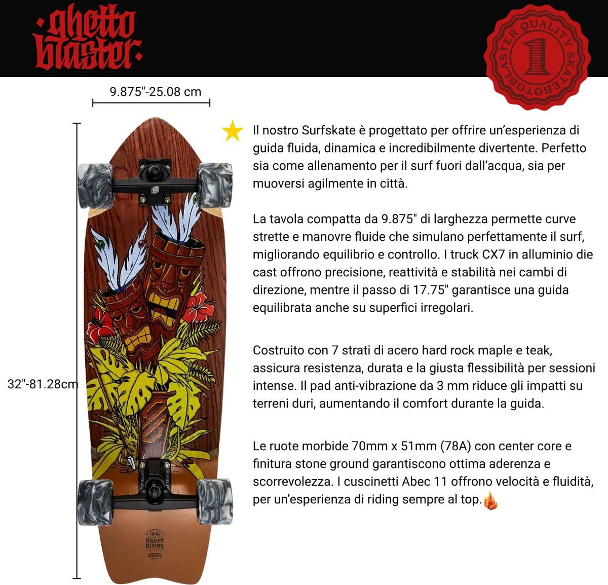 Skateboard Ghettoblaster Surfskate Tiki Token Mogano  Fish tail 32" 9.875" in Skateboard Glad Store - Genova, commercioVirtuoso.it
