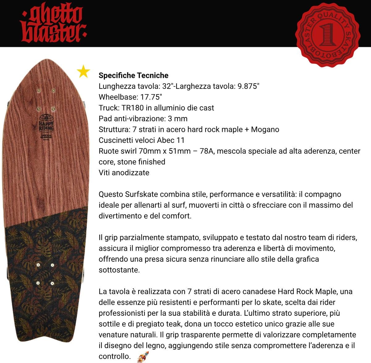 Skateboard Ghettoblaster Surfskate Tiki Token Mogano  Fish tail 32" 9.875" in Skateboard Glad Store - Genova, commercioVirtuoso.it