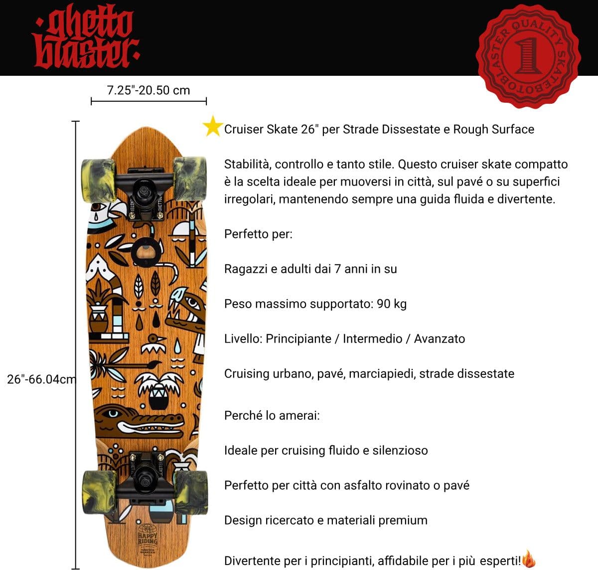 Skateboard Cruiser Ghettoblaster  Teak Geroglific  26" -7,25" in Skateboard Glad Store - Genova, commercioVirtuoso.it