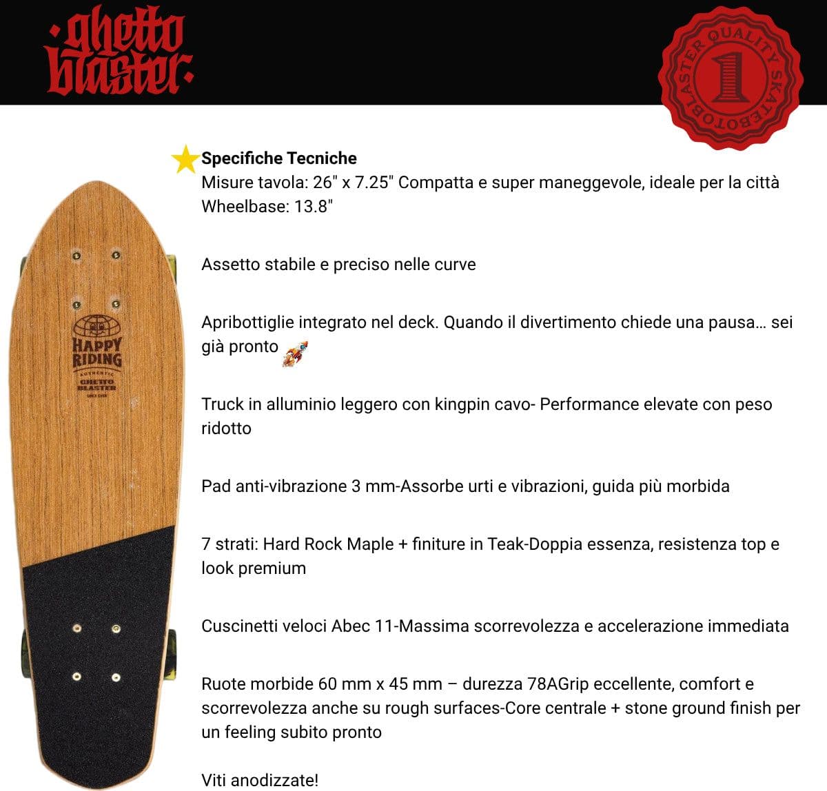 Skateboard Cruiser Ghettoblaster  Teak Geroglific  26" -7,25" in Skateboard Glad Store - Genova, commercioVirtuoso.it