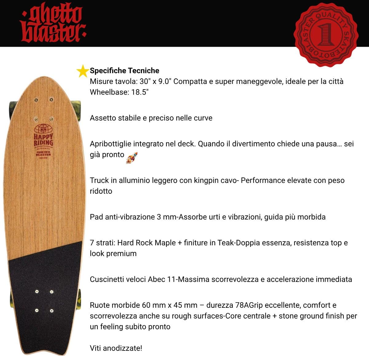 Skateboard Cruiser Ghettoblaster  Teak Geroglific  Fis tail  30" -9" in Skateboard Glad Store - Genova, commercioVirtuoso.it