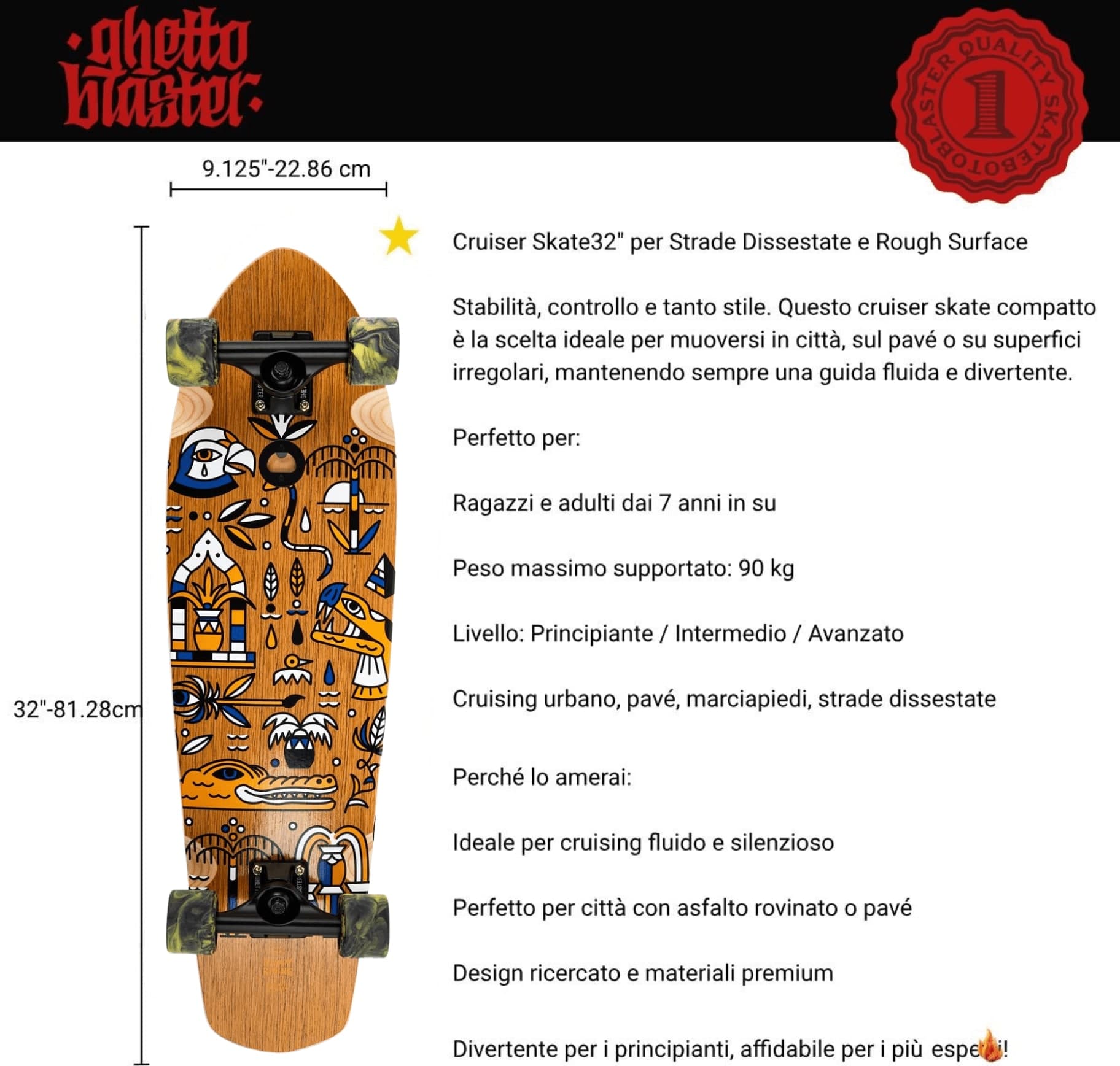 Skateboard Cruiser Ghettoblaster  Teak Geroglific  32" -9,125" in Skateboard Glad Store - Genova, commercioVirtuoso.it