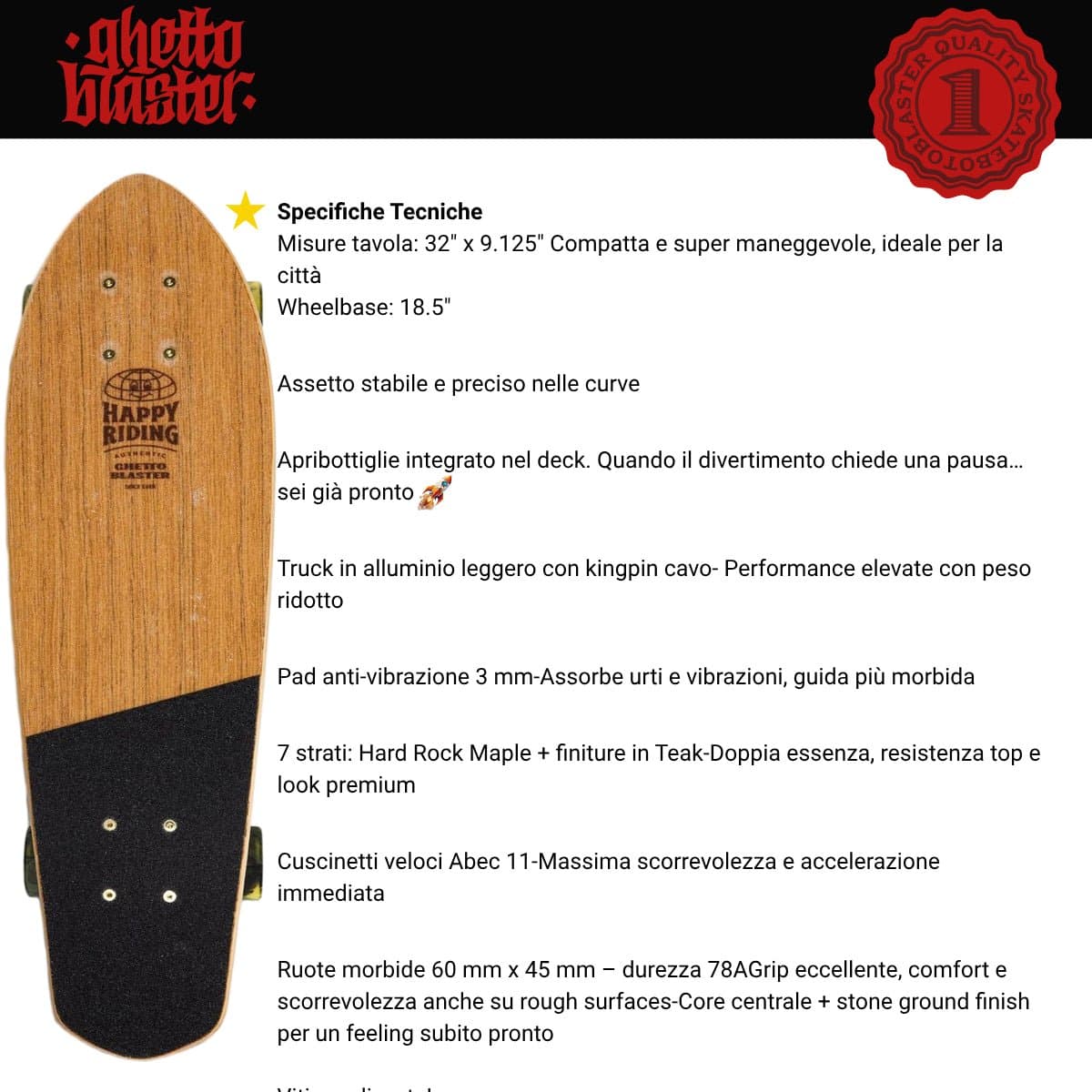 Skateboard Cruiser Ghettoblaster  Teak Geroglific  32" -9,125" in Skateboard Glad Store - Genova, commercioVirtuoso.it