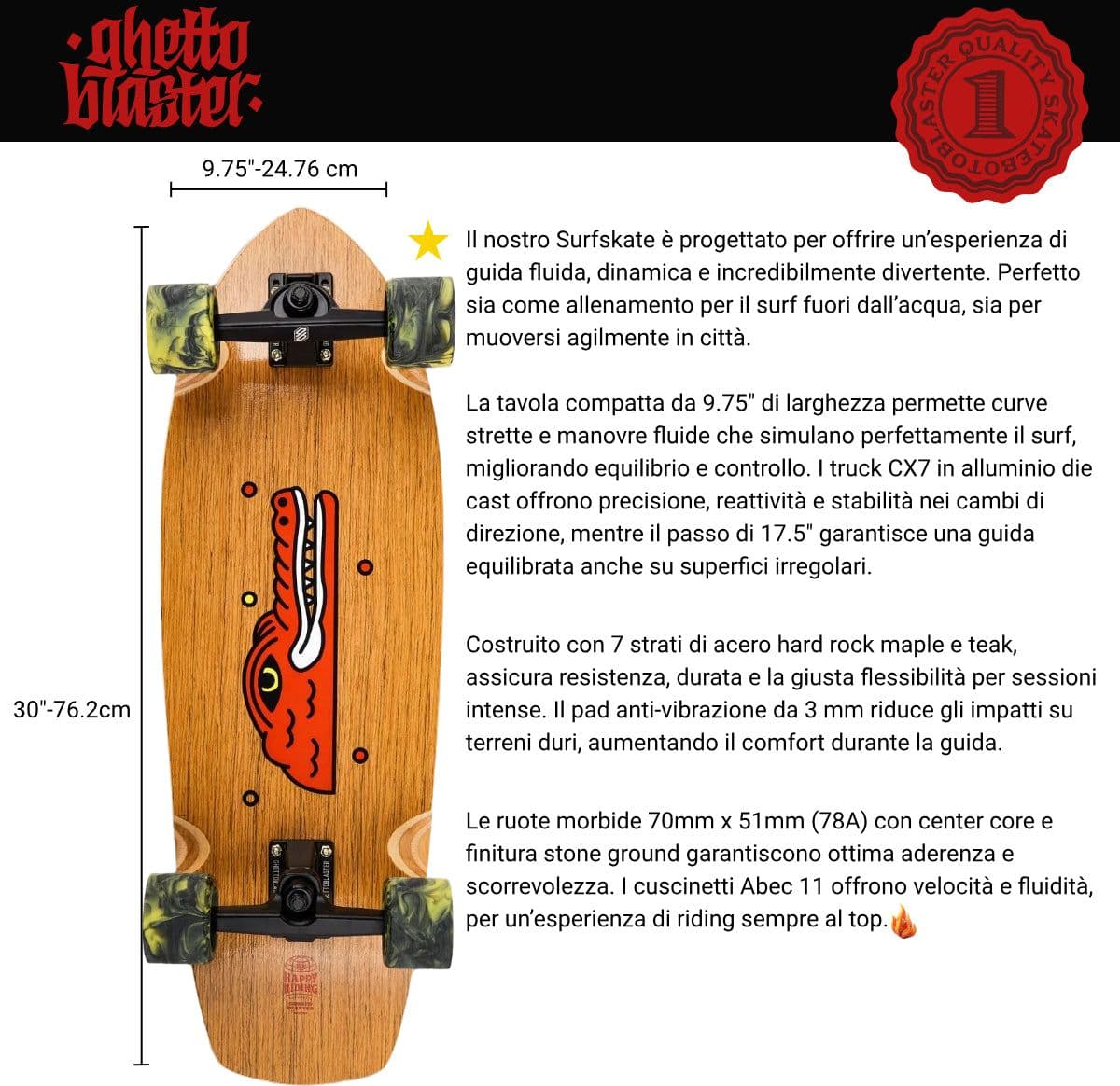 Skateboard Ghettoblaster Surfskate Teak Crocodile 30" 9.75" in Skateboard Glad Store - Genova, commercioVirtuoso.it