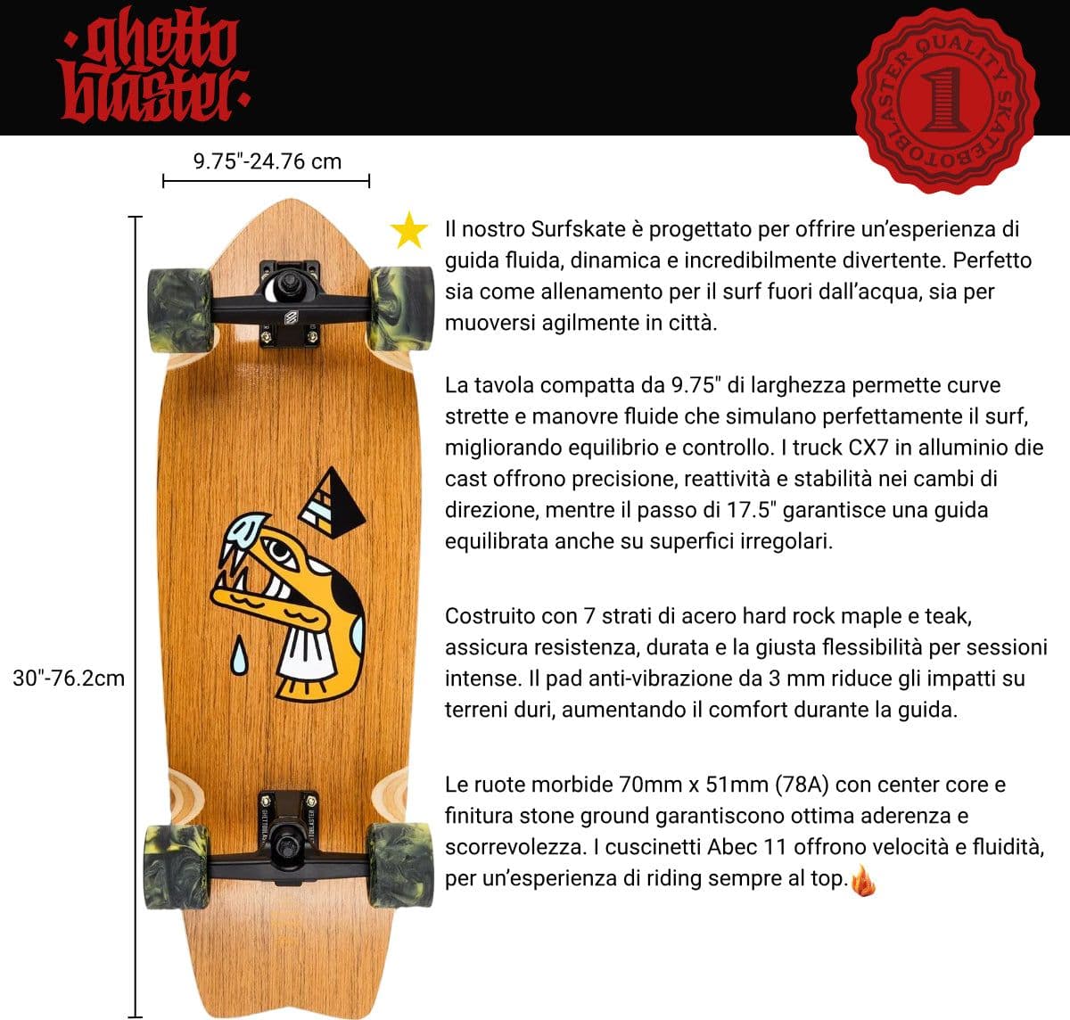 Skateboard Ghettoblaster Surfskate Teak Snake Head  30" 9.75" in Skateboard Glad Store - Genova, commercioVirtuoso.it