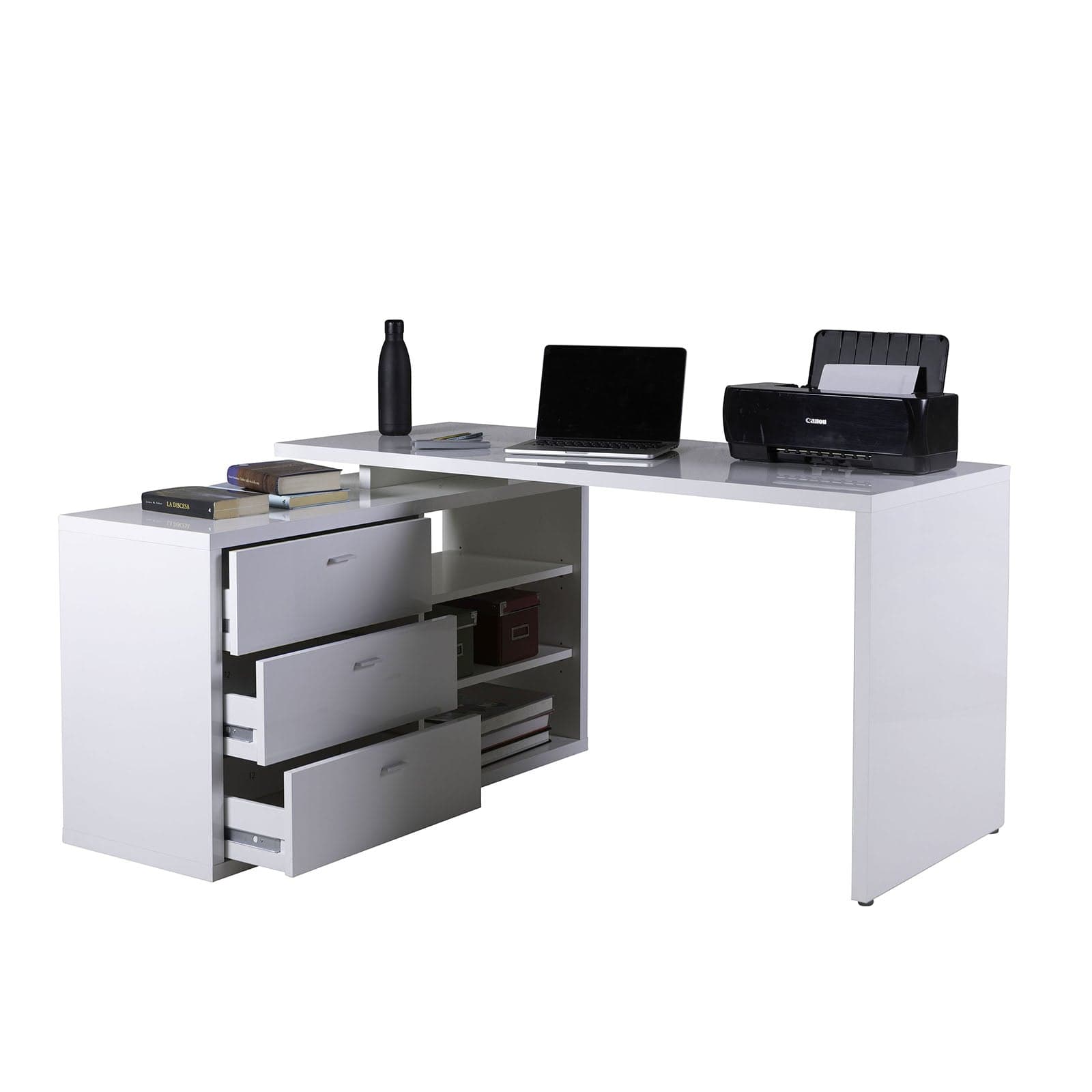 Scrivania bianca Angolare 140 cm per ufficio e stanzetta, lineare con 3 Cassetti e 3 Ripiani in Scrivanie Decor Space - Altamura, commercioVirtuoso.it