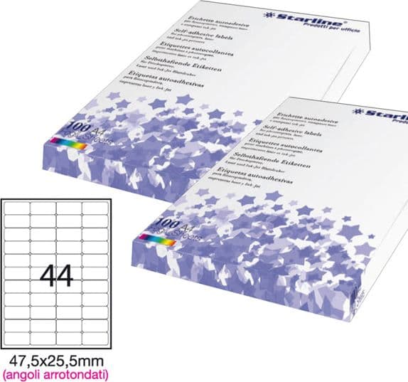Etichetta adesiva bianca 100fg A4 47,5x25,5mm (44et/fg angoli tondi STARLINE