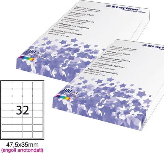 Etichetta adesiva bianca 100fg A4 47,5x35mm (32et/fg angoli tondi STARLINE