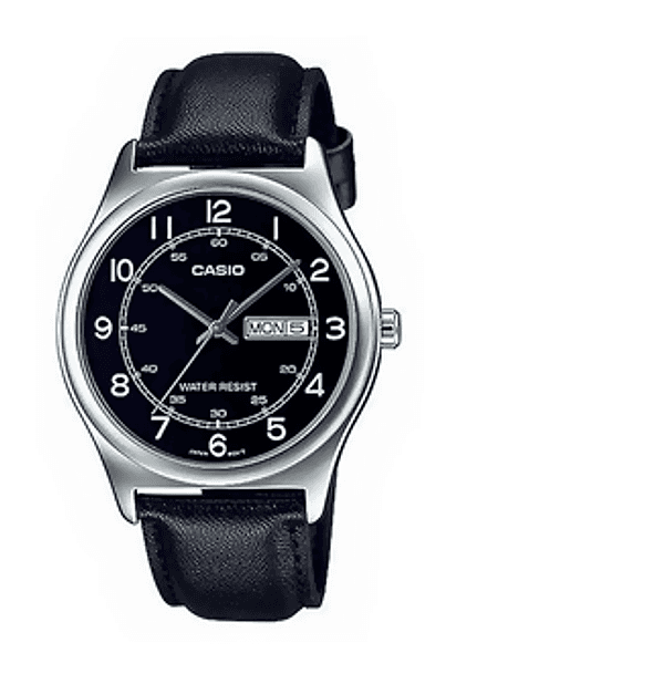 Orologio casio per uomo da polso, MTP-V006L-1B2, cinturino in pelle nero, quadrante nero con segna data e giorno della settimana
