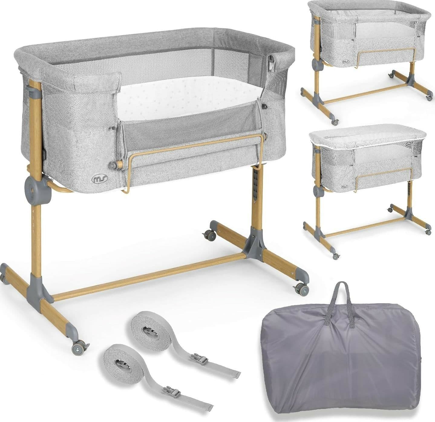 MS Sleepy - Culla Neonato Fianco Letto, Compatibile Con Diversi Letti, Altezza Regolabile, Inclinabile, Buona Circolazione Dell'Aria, Materasso E Borsa Inclusi, Zanzariera di serie inclusa, lacci inclusi, colore GRIGIO con effetto legno