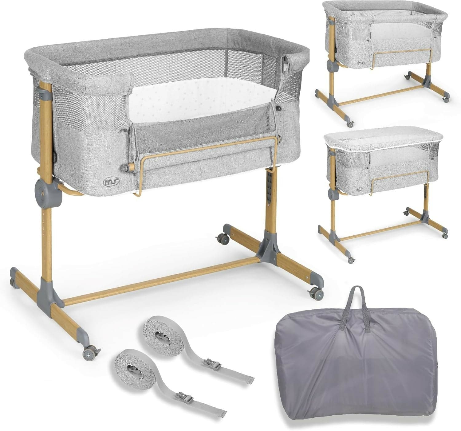 MS Sleepy - Culla Neonato Fianco Letto, Compatibile Con Diversi Letti, Altezza Regolabile, Inclinabile, Buona Circolazione Dell'Aria, Materasso E Borsa Inclusi, Zanzariera di serie inclusa, lacci inclusi, colore GRIGIO con effetto legno