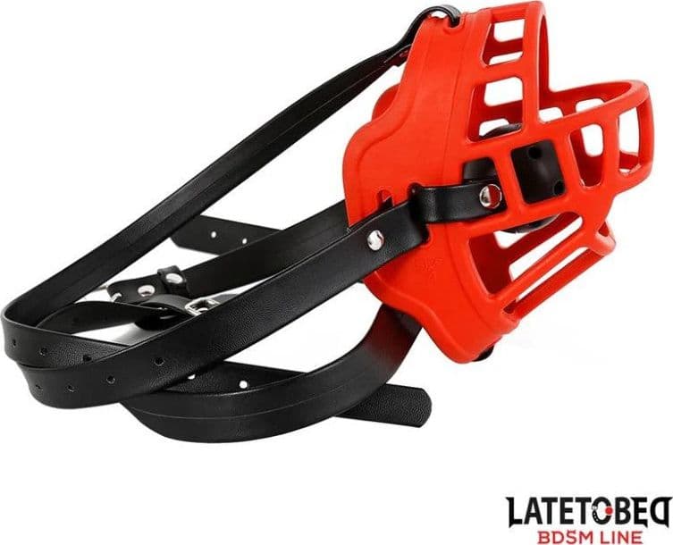 Maschera museruola con gag nero e rosso regolabile per roleplay BDSM bondage in prodotto Erosdom - Palmi, commercioVirtuoso.it