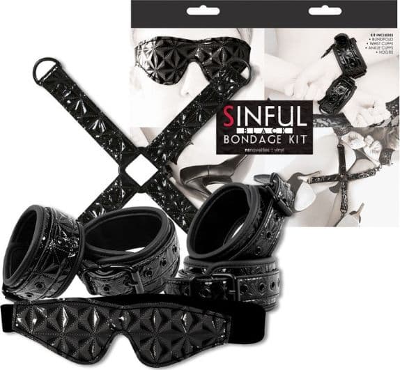 Sinful Black Bondage Kit vinile nero manette cavigliere hogtie maschera set in prodotto Erosdom - Palmi, commercioVirtuoso.it