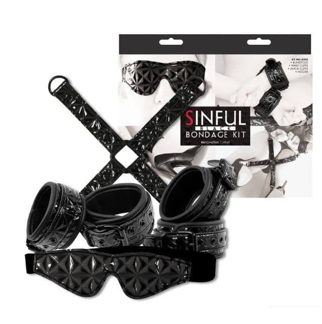 Sinful Black Bondage Kit vinile nero manette cavigliere hogtie maschera set in prodotto Erosdom - Palmi, commercioVirtuoso.it