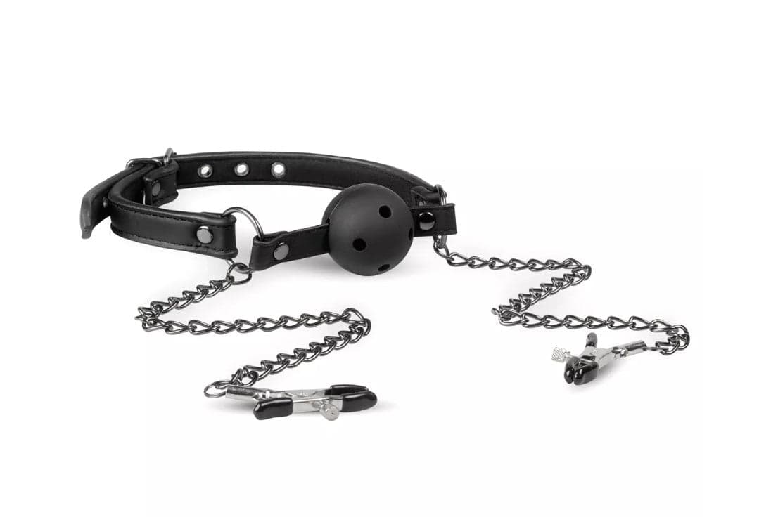 Pinzette per capezzoli con catene al morso bavaglio ball gag nero Easy Toys in prodotto Erosdom - Palmi, commercioVirtuoso.it