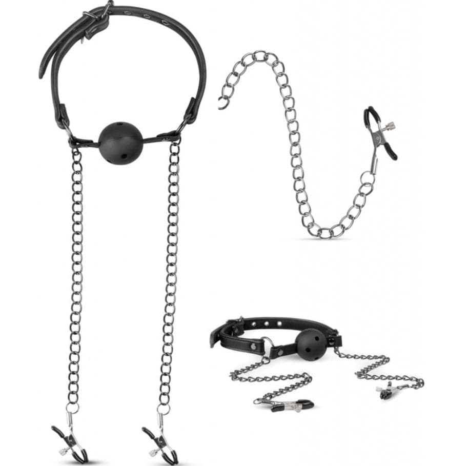Pinzette per capezzoli con catene al morso bavaglio ball gag nero Easy Toys in prodotto Erosdom - Palmi, commercioVirtuoso.it