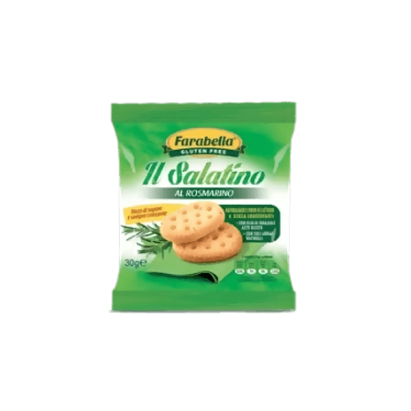 Il Salatino senza glutine al Rosmarino Farabella 30g senza lattosio con olio di girasole alto oleico e con soli aromi naturali.