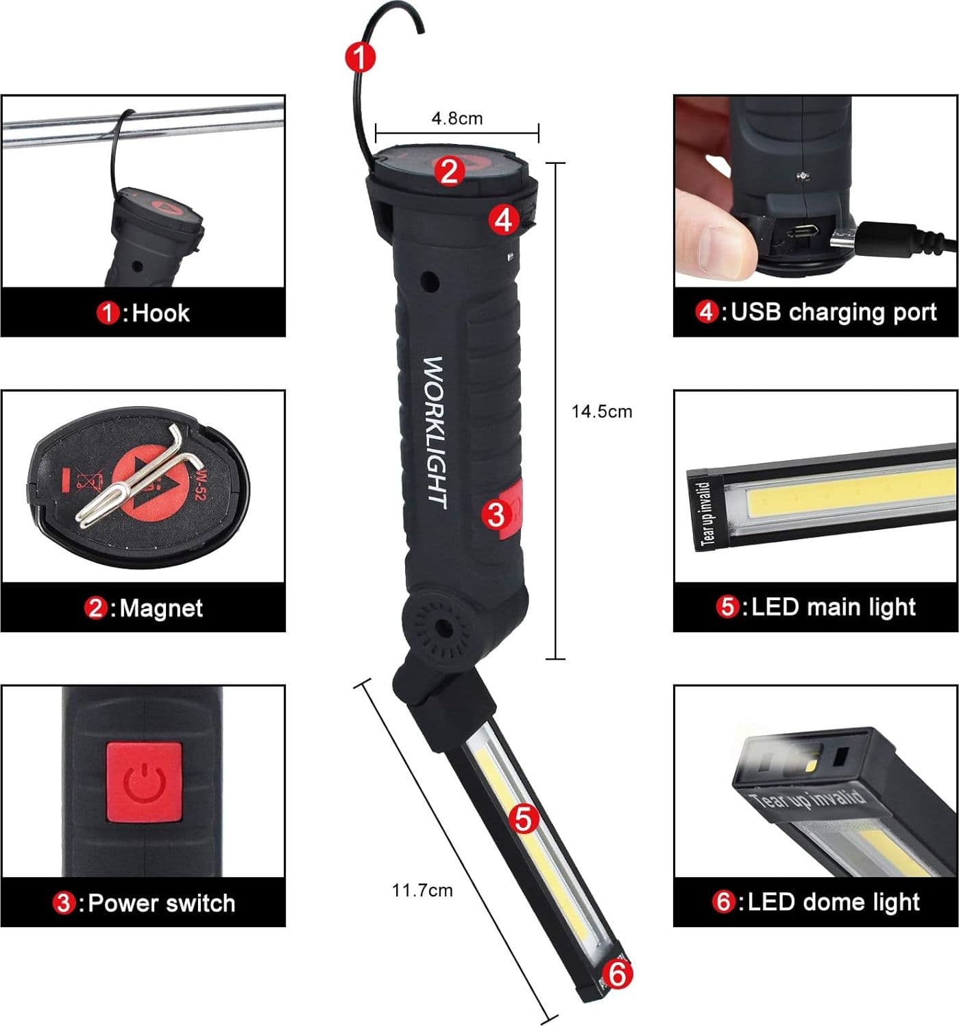 Luce Lampada da Lavoro Led Ricaricabile Magnetica Portatile Officina Torcia da Lavoro Luce Portatile Ricaricabile Led con Base Magnetica e Gancio 360° Pieghevole Impermeabile in Lampade di ispezione Solgeny - Besate, commercioVirtuoso.it
