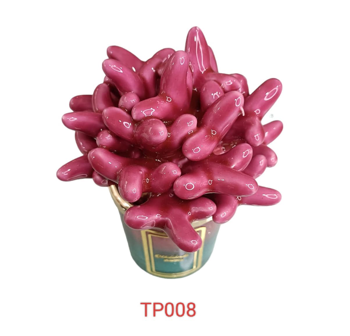 Candela piccola in ceramica bicolore fucsia anemone Melaverde da 100gr, decorata a mano, con scatola regalo elegante inclusa.