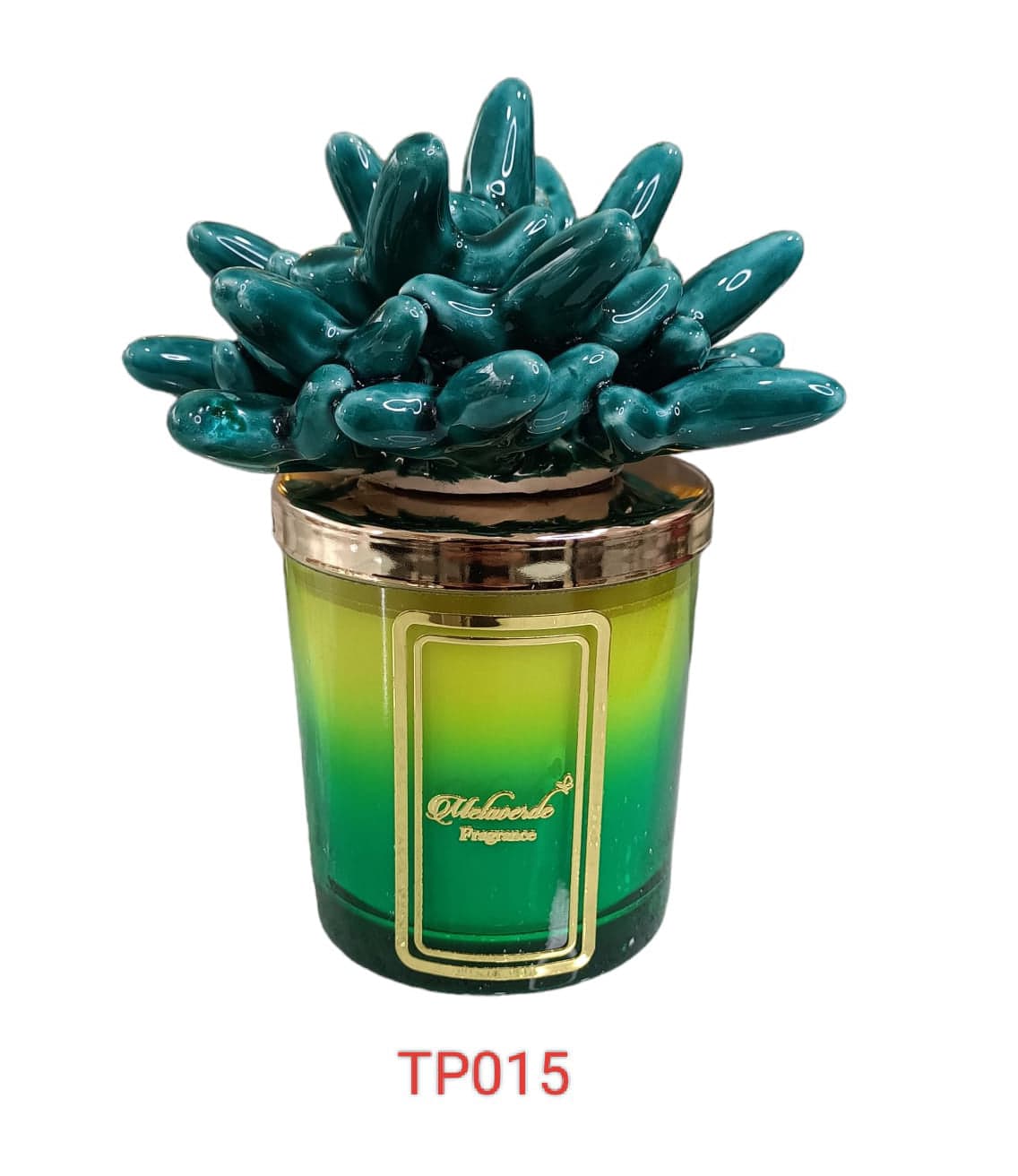 Candela media in ceramica bicolore verde anemone Melaverde Linea Tropicana da 200gr, decorata a mano, con scatola regalo inclusa.