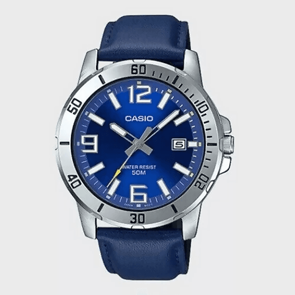 Orologio Casio per uomo, MTP-VD01L-2B , quadrante blu con segna data, cinturino in vera pelle blu scuro