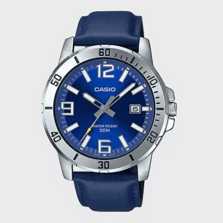 Orologio Casio per uomo, MTP-VD01L-2B , quadrante blu con segna data, cinturino in vera pelle blu scuro