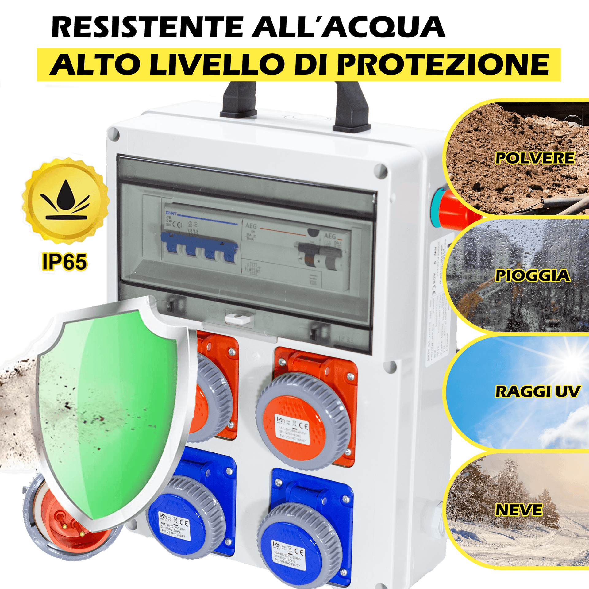 QUADRO ELETTRICO DA CANTIERE ASC 380V CON 2 PRESE 220V e 2 PRESE TRIFASE + FUNGO DI EMERGENZA - ElettroWatt.eu