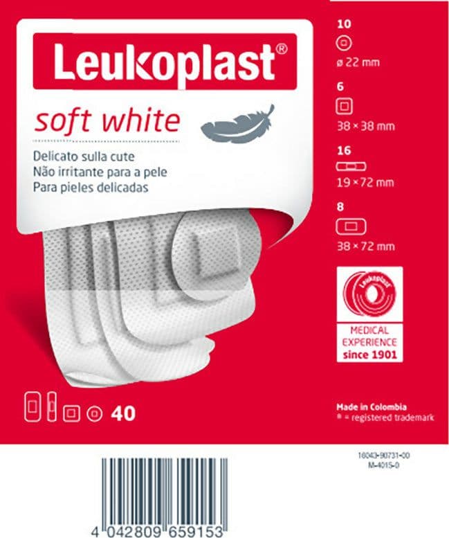 Leukoplast soft white 40 pezzi assortiti 10 CONFEZIONI. Cerotti misti delicati sulla cute, altamente traspiranti con tampone assorbente a bassade