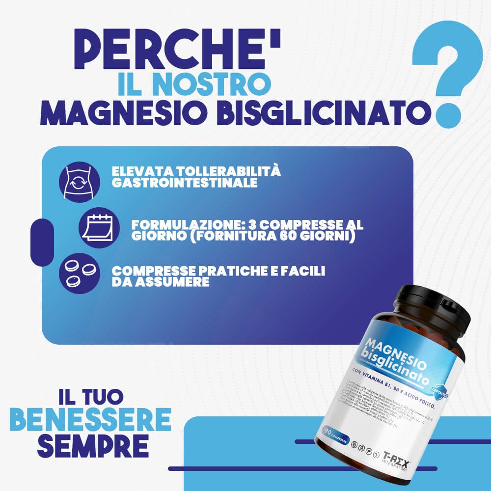 T-Rex Integratori Magnesio Bisglicinato 375mg con Vitamina B6, B1 e Acido Folico - 90 compresse - Sistema nervoso, Energia, Muscoli e Ossa in Magnesio MyLab Nutrition - Roma, commercioVirtuoso.it