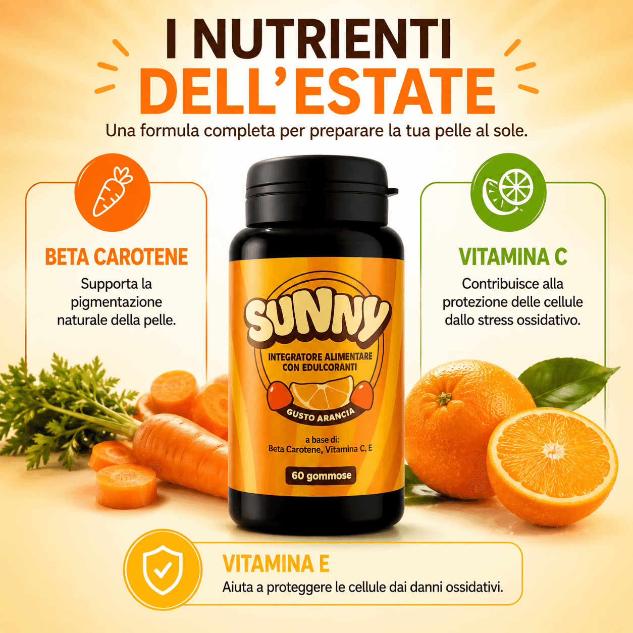 Integratore supporto Abbronzatura Naturale SUNNY | 60 Gommose al Beta-Carotene e Vitamine | Made in Italy in Beta carotene BasketGuru Italia - Palermo, commercioVirtuoso.it