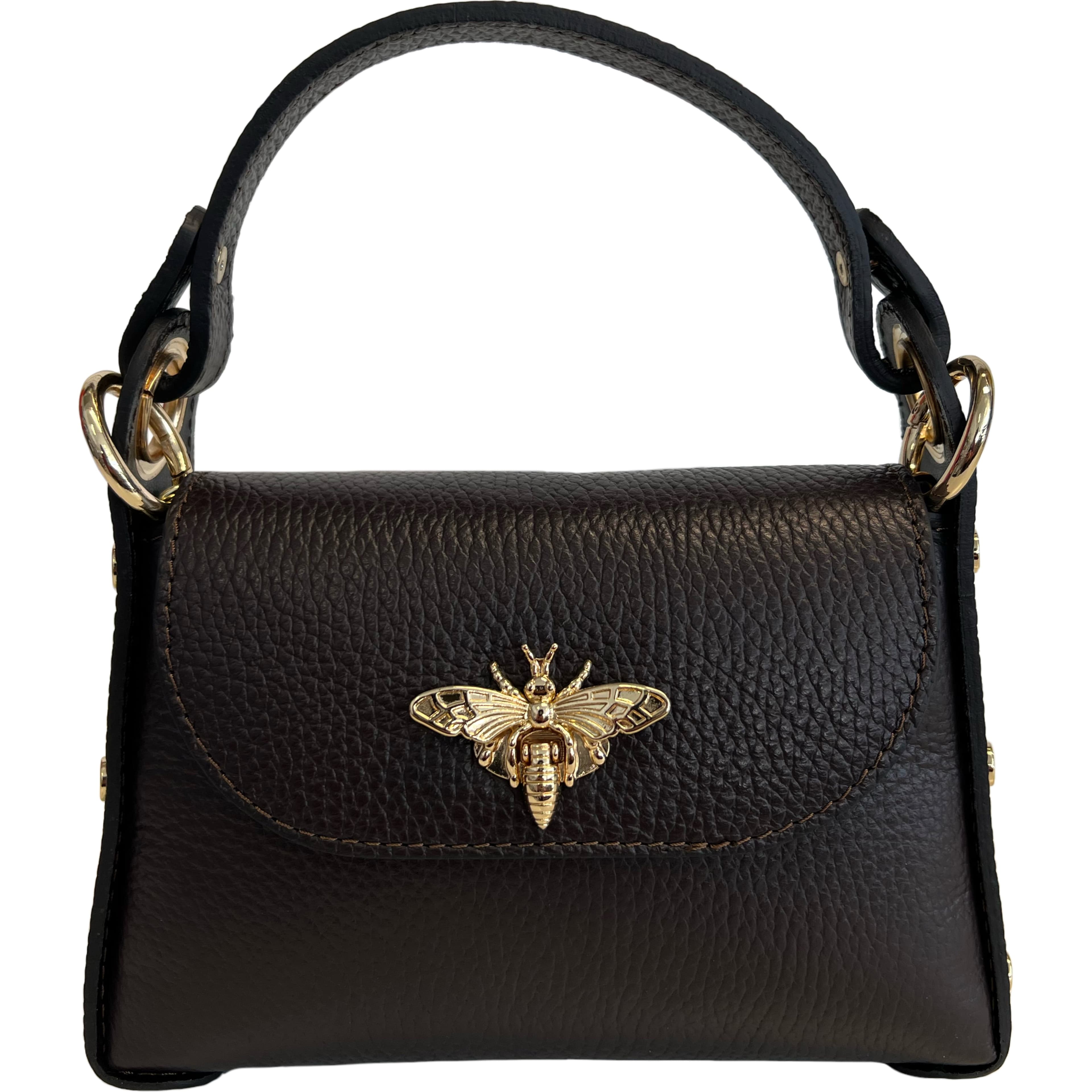 Modarno mini borsa in Vera pelle dollaro con chiusura a moschettone a forma di ape, borchie laterali, catena metallica rimovibile, manico in pelle in Borsa per toilette Modarno - Sesto Fiorentino, commercioVirtuoso.it