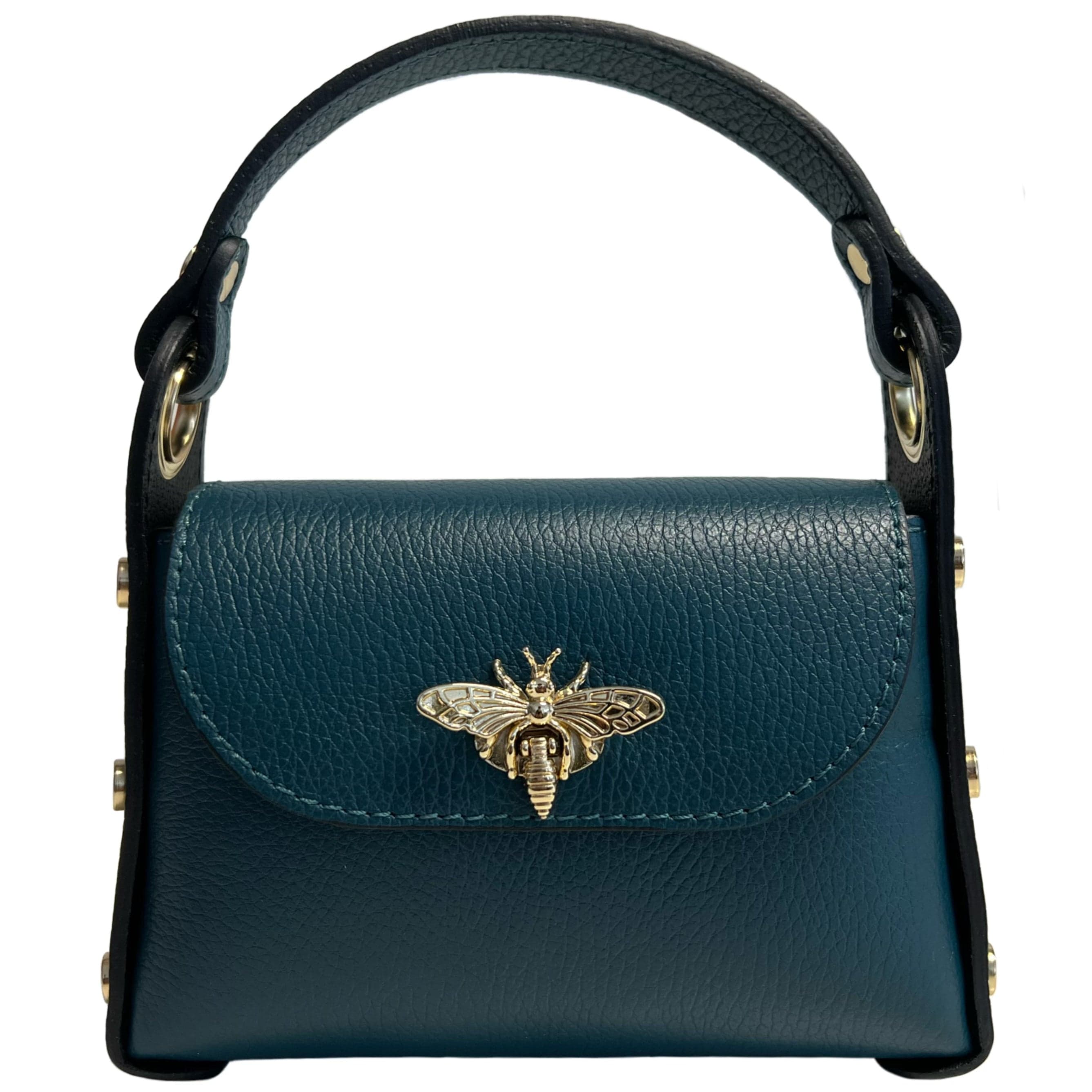 Modarno mini borsa in Vera pelle dollaro con chiusura a moschettone a forma di ape, borchie laterali, catena metallica rimovibile, manico in pelle in Borsa per toilette Modarno - Sesto Fiorentino, commercioVirtuoso.it