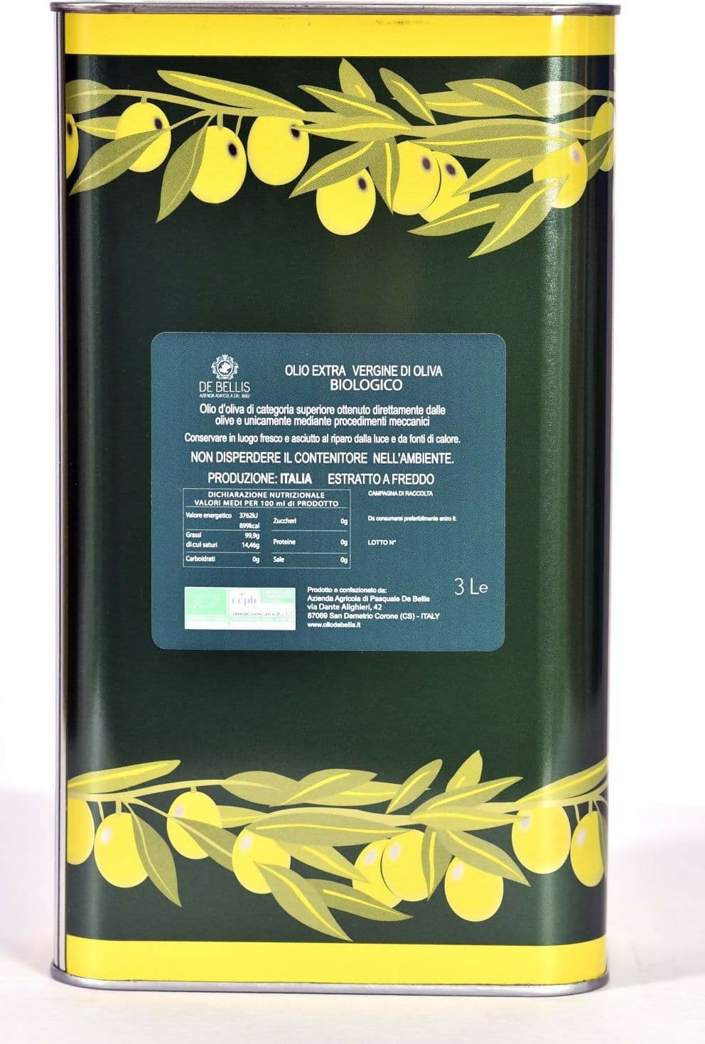 Olio Extra-vergine Di Oliva Biologico De Bellis- olio nuovo 2025 2 Lattine Da 3l