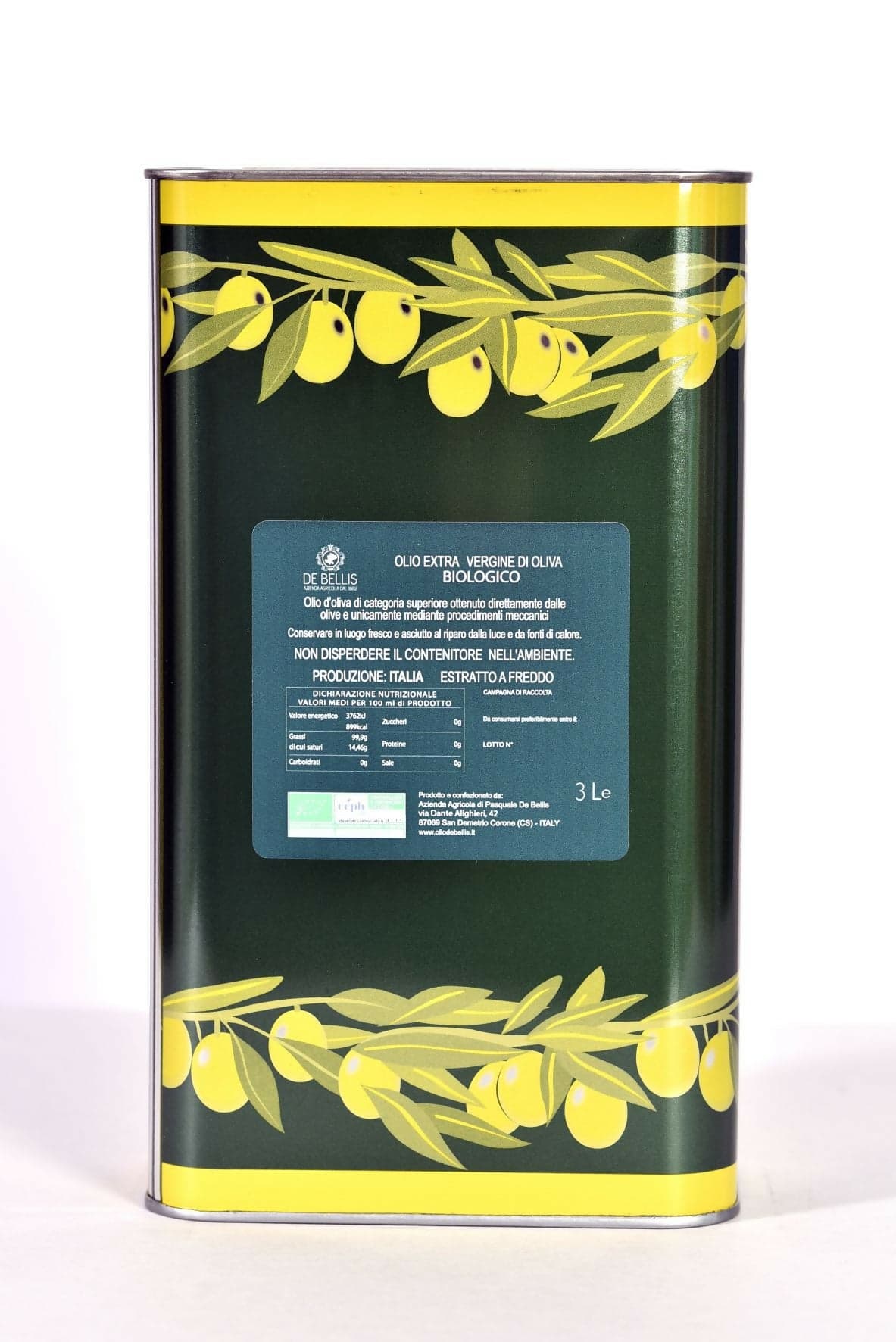 Olio Extra-vergine Di Oliva Biologico De Bellis- olio nuovo 2025 2 Lattine Da 3l