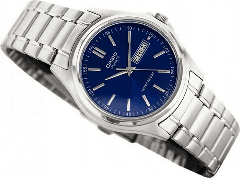 Orologio Casio per uomo Serie MTP-1239, sfondo quadrante argento, blu e nero in acciaio, con segna data in Orologi da polso Loweconomy - Marineo, commercioVirtuoso.it