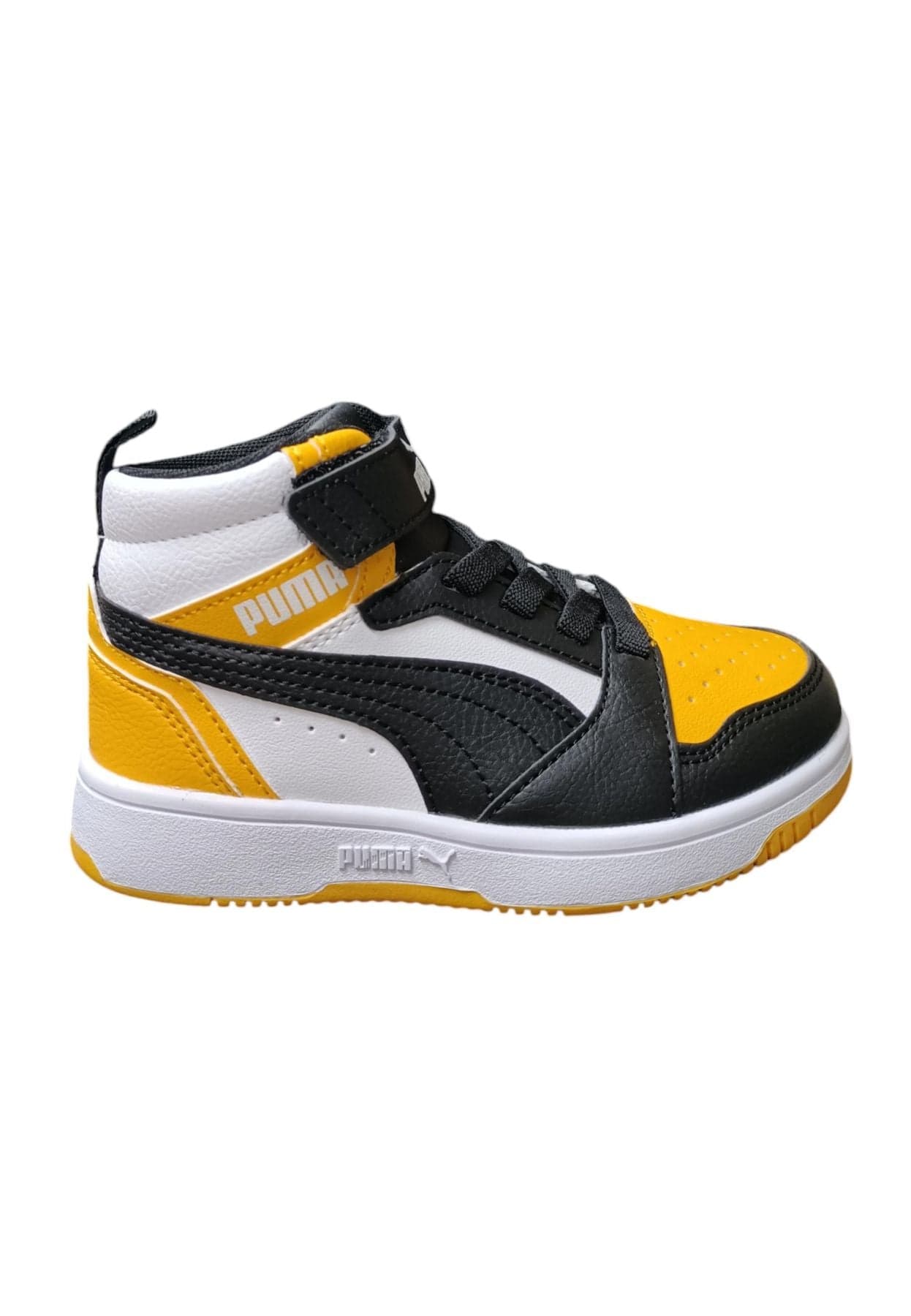 Scarpe sneakers Unisex bambini PUMA REBOUND  bianco-nero-giallo laccio elastico e velcro - 7