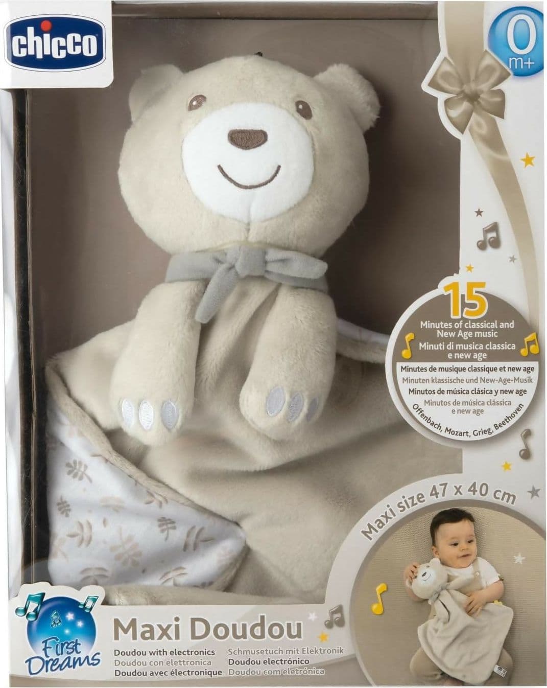 CHICCO Gioco Maxi Doudou, Pupazzo In Morbido Velluto A Forma Di Orsacchiotto, con Musica Classica e New Age, Peluche Neonato, Soffice da Coccolare, Lavabile in Lavatrice, 0+ Mesi, Neutro