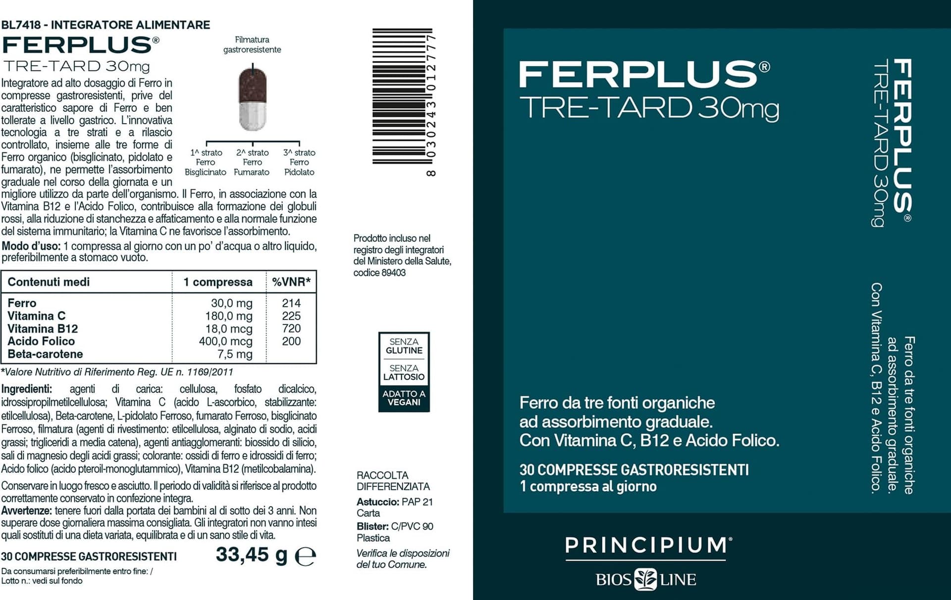 BIOS LINE Principium FerPlus Tre-Tard, Integratore Alimentare in Compresse Gastroresistenti a Rilascio Graduale, Alto Dosaggio di Ferro, 30 Cpr in Ferro Naturopatica Shop & Therapy - Reggio Calabria, commercioVirtuoso.it