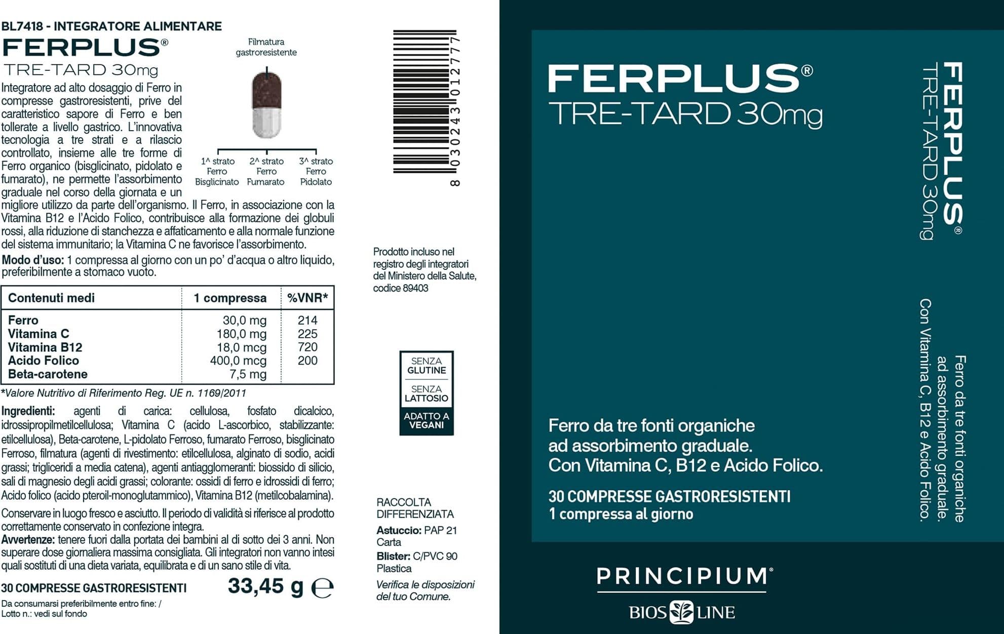 BIOS LINE Principium FerPlus Tre-Tard, Integratore Alimentare in Compresse Gastroresistenti a Rilascio Graduale, Alto Dosaggio di Ferro, 30 Cpr in Ferro Naturopatica Shop & Therapy - Reggio Calabria, commercioVirtuoso.it