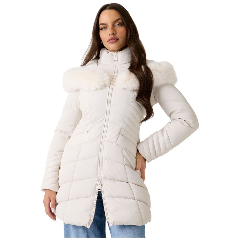 Guess piumino stone con cappuccio in pelliccia sintetica NEW OXANA