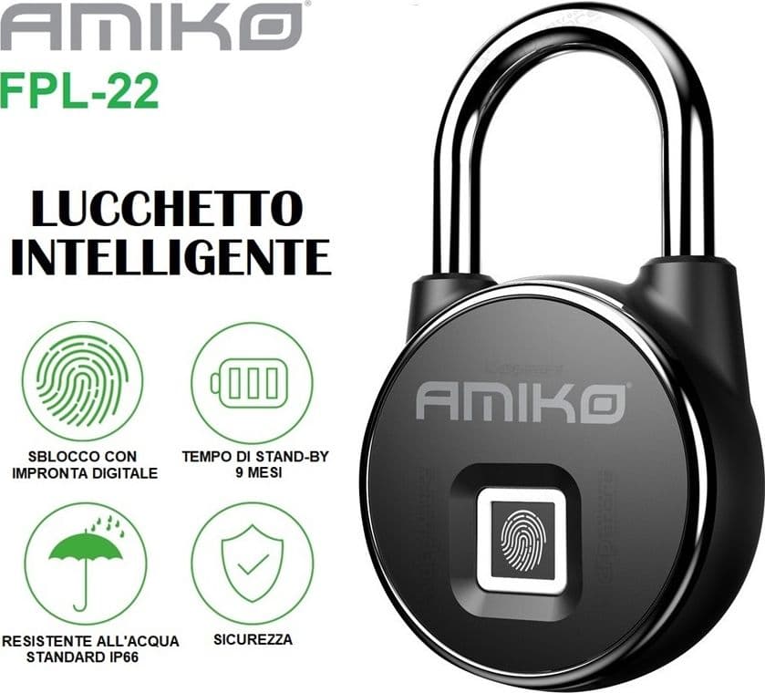 Lucchetto Intelligente con Sblocco Impronta Digitale AMIKO FPL 22