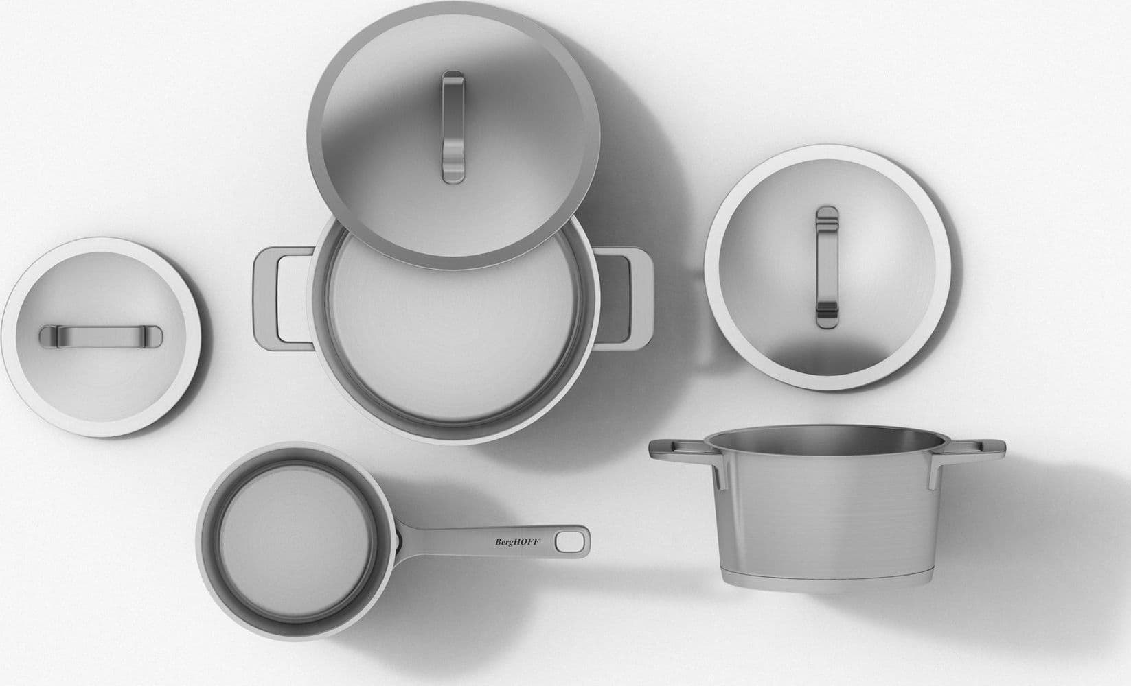 Set pentole Berghoff Meta 10 pezzi in acciaio riciclato, con fondo termico, indicatori interni e coperchi, compatibile con induzione