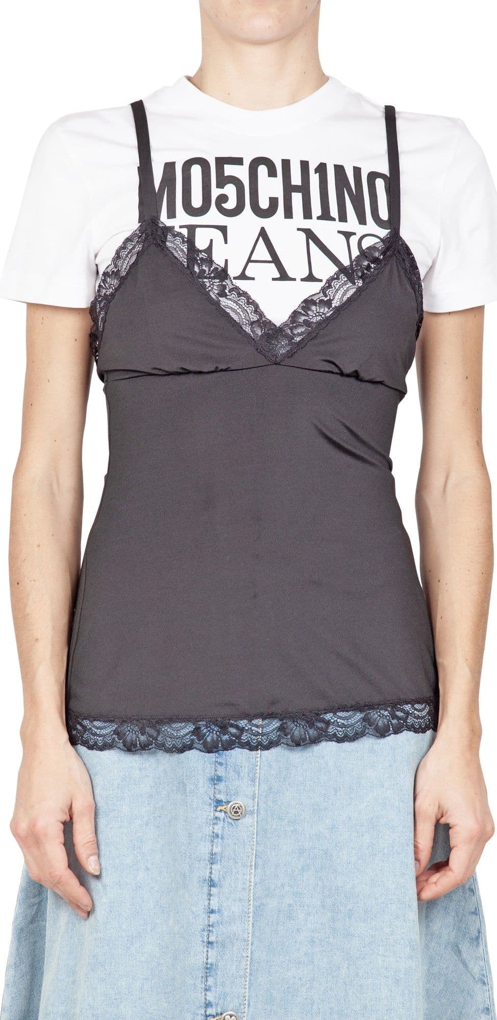 MO5CH1NO JEANS - MOSCHINO MO5CH1NO JEANS - Moschino - T-shirt con top - 430109 - Nero da donna in T-shirt Drestige - Casamassima, commercioVirtuoso.it