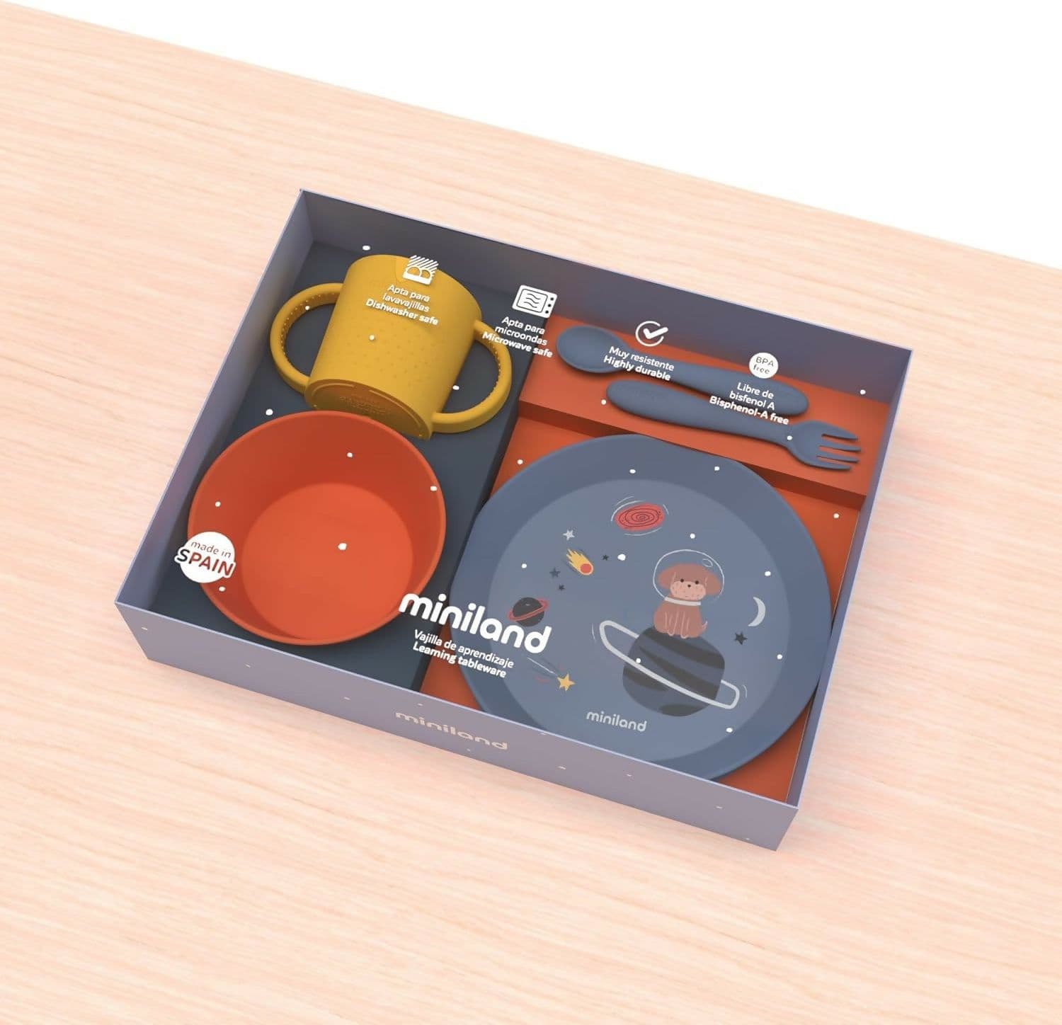 MINILAND Learning tableware Dream - set pappa educativo - bicchiere con manici, piatto piano, ciotola piatto fondo, posate - esploratore in Piatti Sanitaria Gioia del Bimbo - Villa San Giovanni, commercioVirtuoso.it